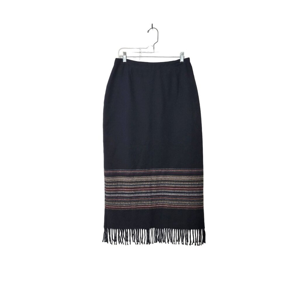 Michele Womens Size 10 Long Black Skirt With Fringe & Striped Detail - Picture 6 of 6